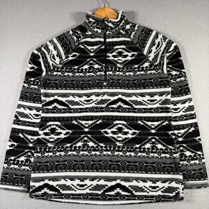 Eddie Bauer Women Black White Geometric Southwestern Fleece Quarter Zip Pullover